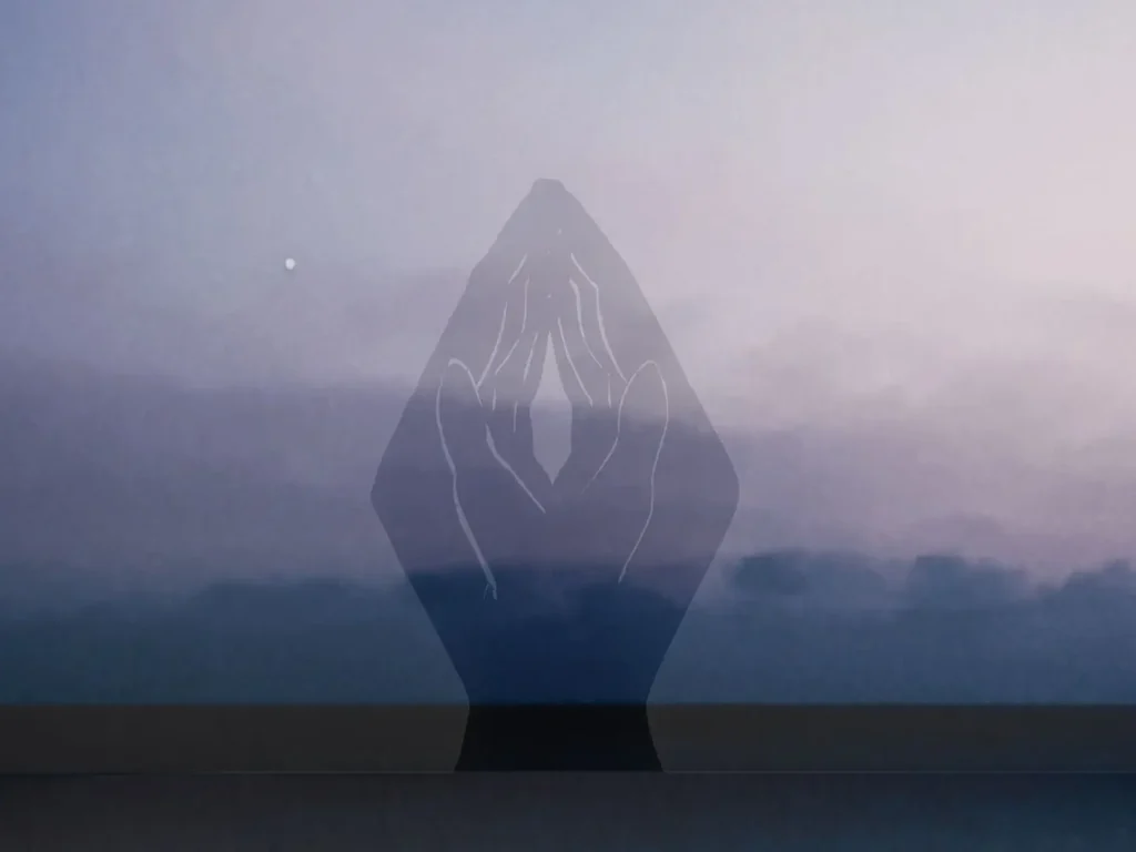 Cool-toned light installation featuring a translucent silhouette with line-drawn hands projected against a soft blue and grey atmospheric background.